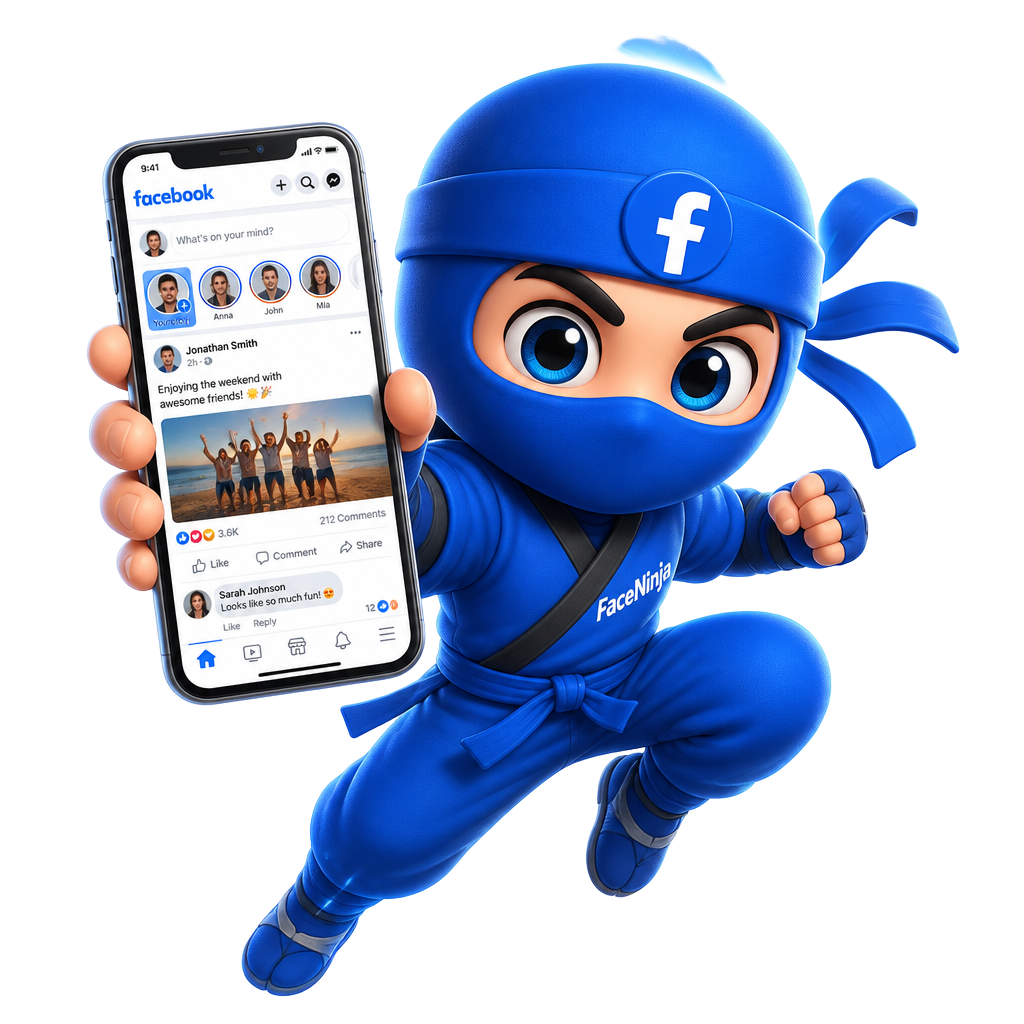 Mascote ninja do FaceNinja segurando um celular com o Facebook aberto